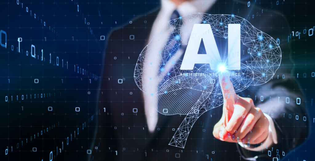 人間とAIが協力してビジネスを加速させる未来的なイメージイラスト